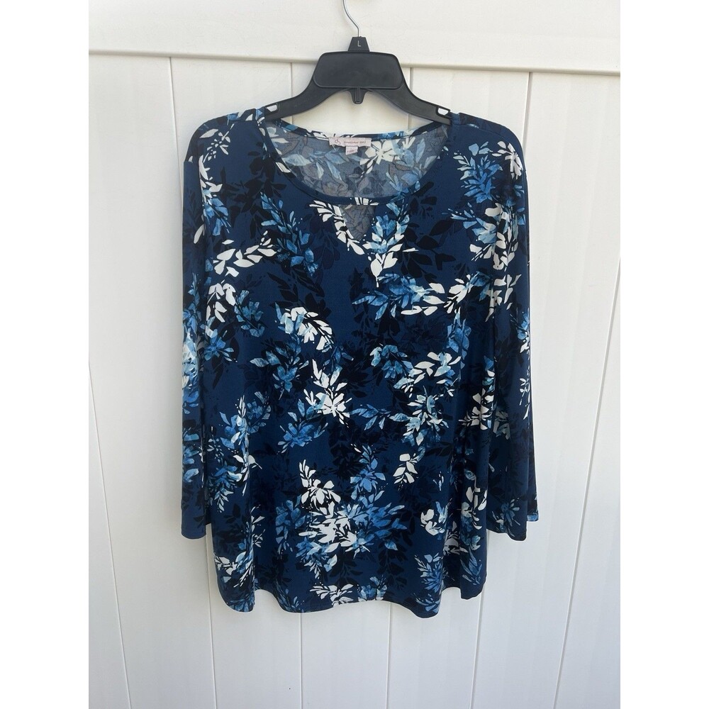 CB Established 1962 Womens Top Blouse Size XL Blue Floral Stretchy
